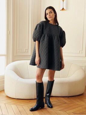 Rosae Paris Le Gabin Quilted Babydoll Statememt Dress Size 36 Gray